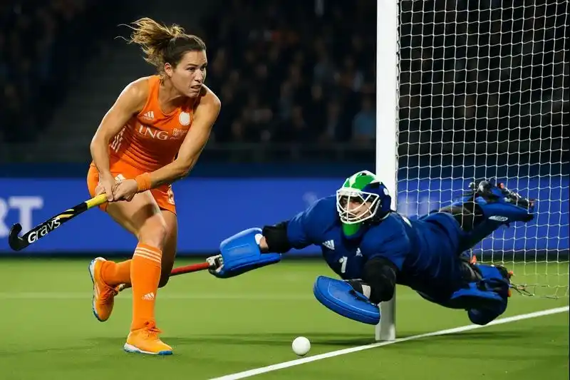 Nederlandse dames hockeyteam in actie tijdens een EK wedstrijd met aanvallende speelster in oranje shirt
