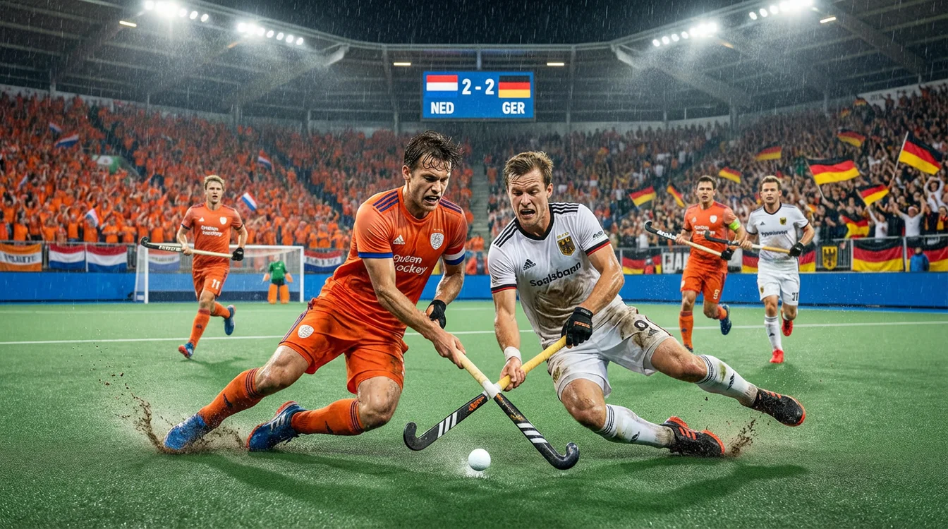 Nederland tegen Duitsland in een intense hockeywedstrijd