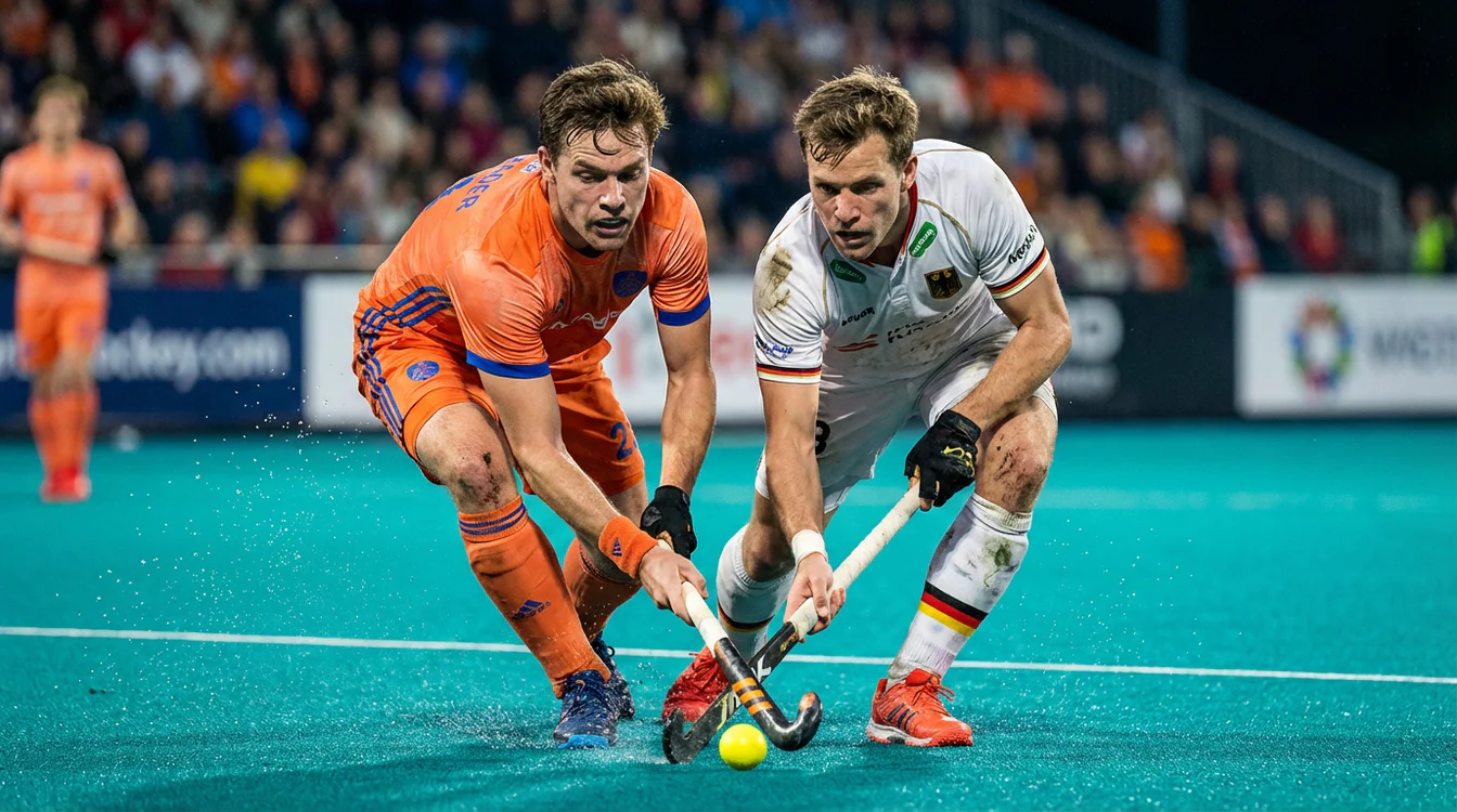 Tactisch duel tussen Nederlandse en Duitse hockeyspelers