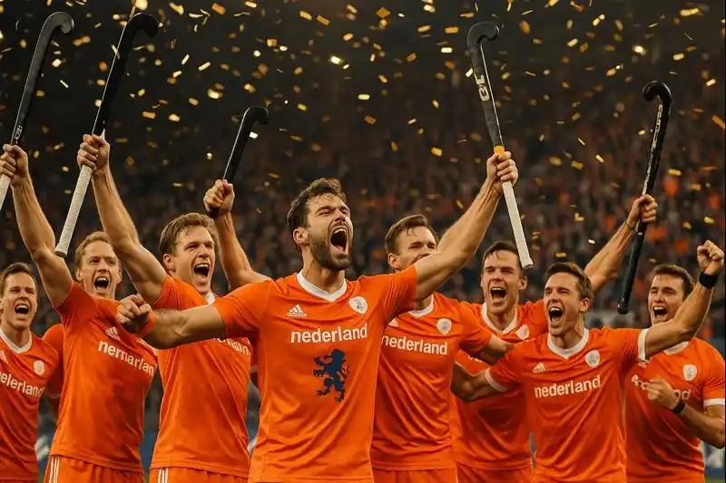 Nederlandse heren hockeyteam viert overwinning op het EK met oranje shirts en hockeysticks