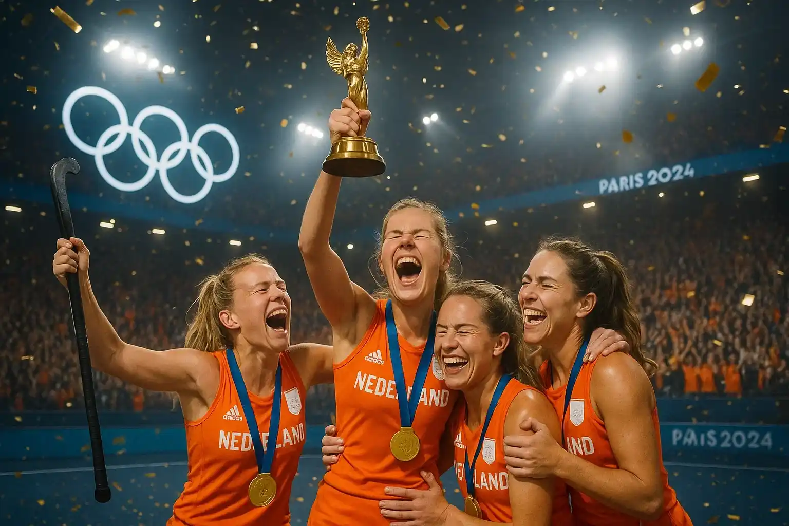 Nederlands hockeyteam viert de gouden medaille op de Olympische Spelen in Parijs 2024