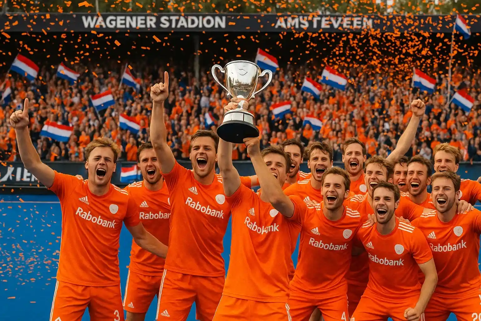Nederlands hockeyteam viert Pro League kampioenschap in Amstelveen met supporters