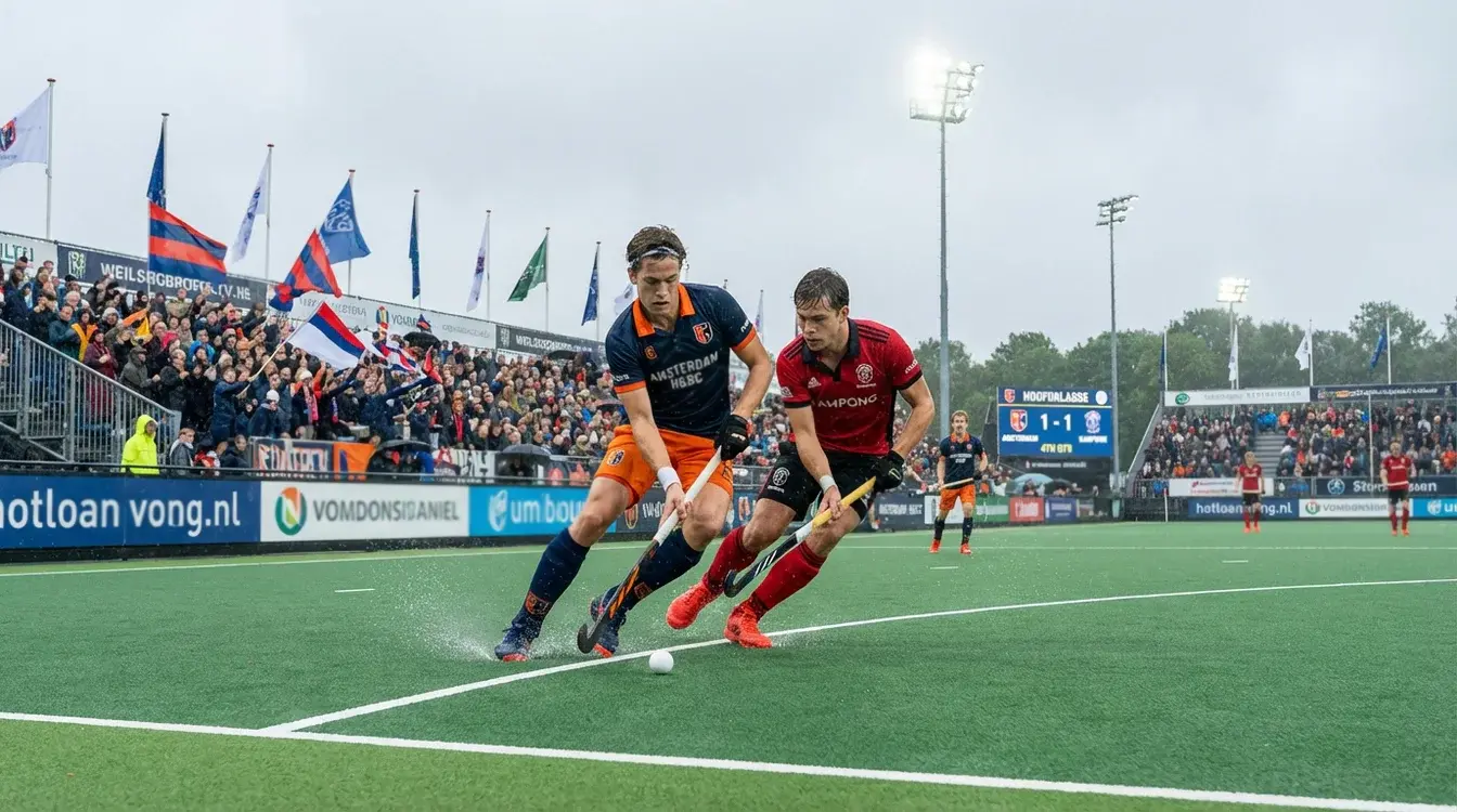 Nederlandse hockeyclub in actie tijdens Hoofdklasse wedstrijd