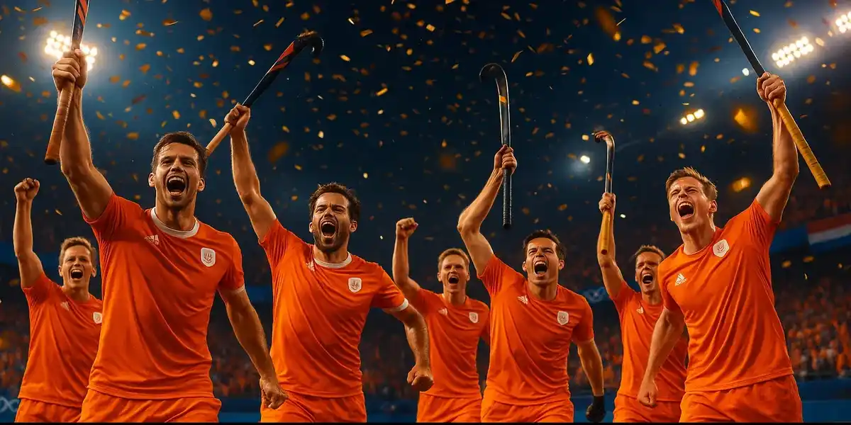 Het Nederlands hockey elftal viert de Olympische gouden medaille in Parijs 2024 met oranje confetti en opgeheven sticks