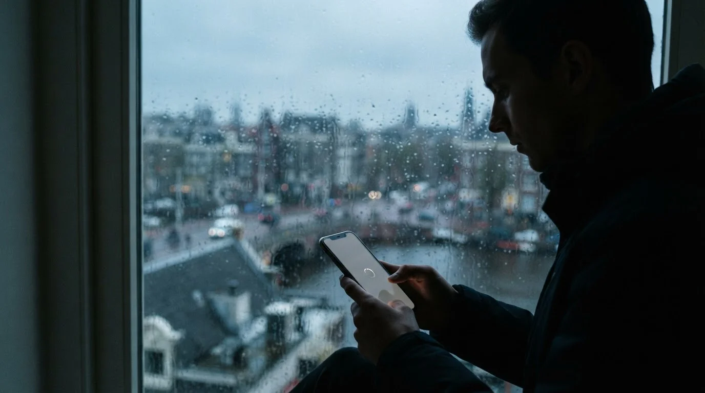 Silhouet van een persoon bij een raam met een smartphone in de hand