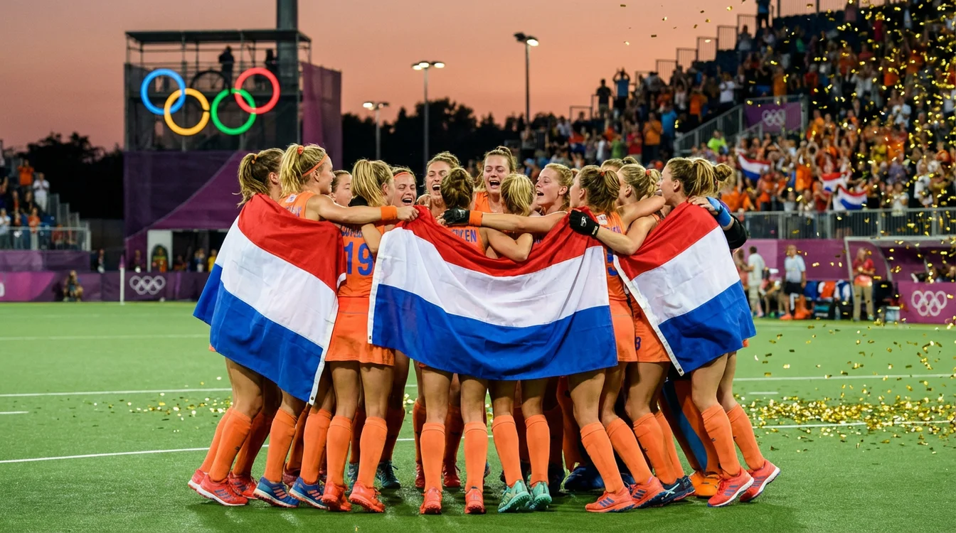 Nederlands hockeyteam viert olympisch goud met de Nederlandse vlag