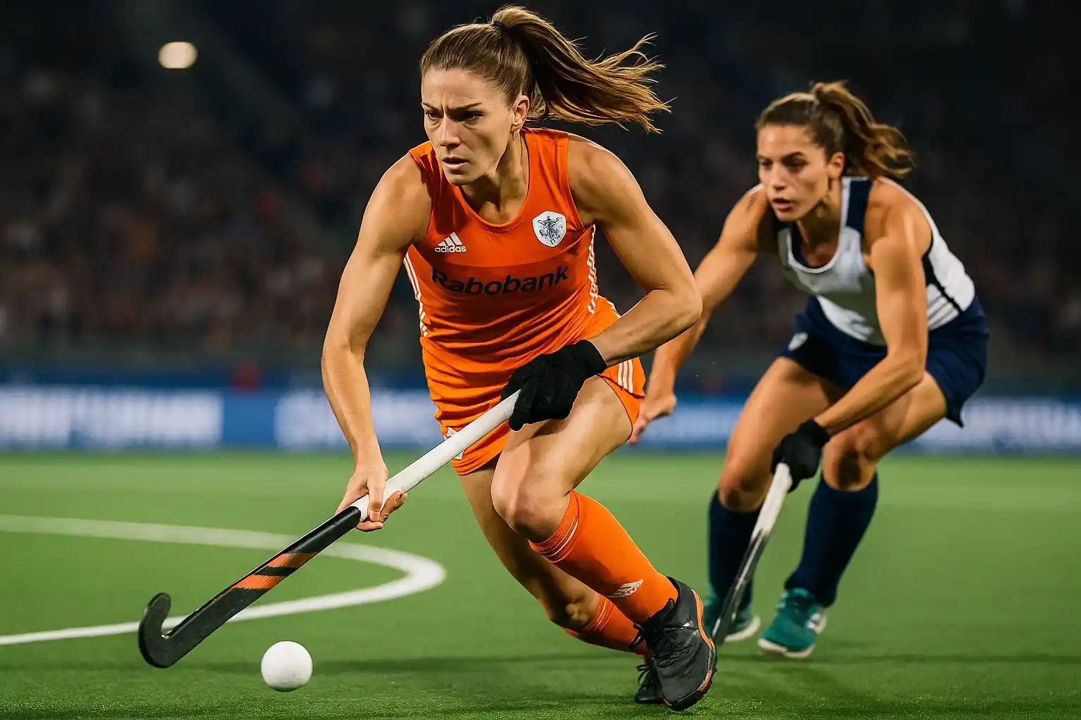 Nederlandse dames hockeyster in oranje shirt dribbelt langs tegenstander tijdens een professionele wedstrijd