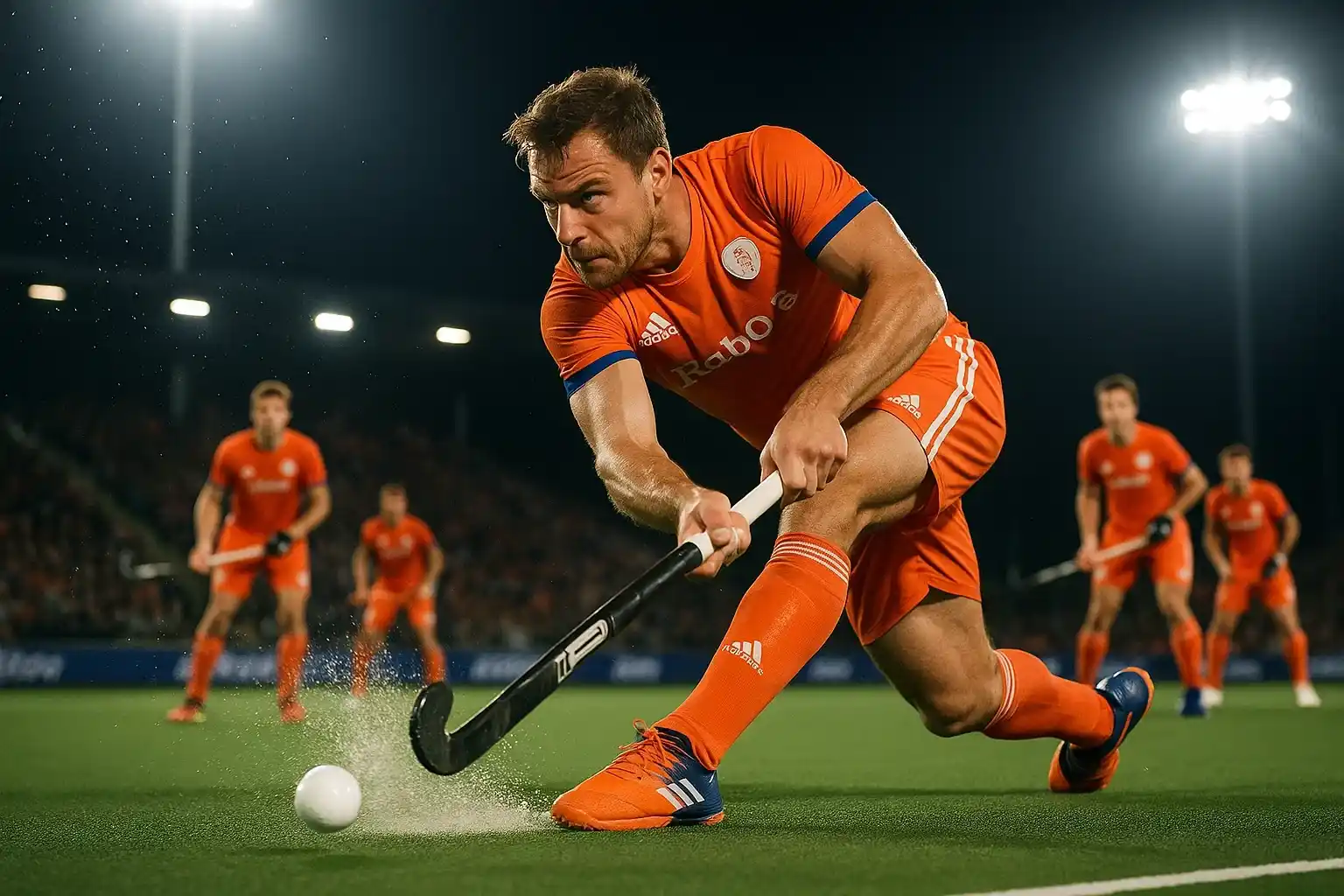 Nederlandse hockeyspeler in oranje shirt neemt een krachtige strafcorner tijdens een professionele wedstrijd