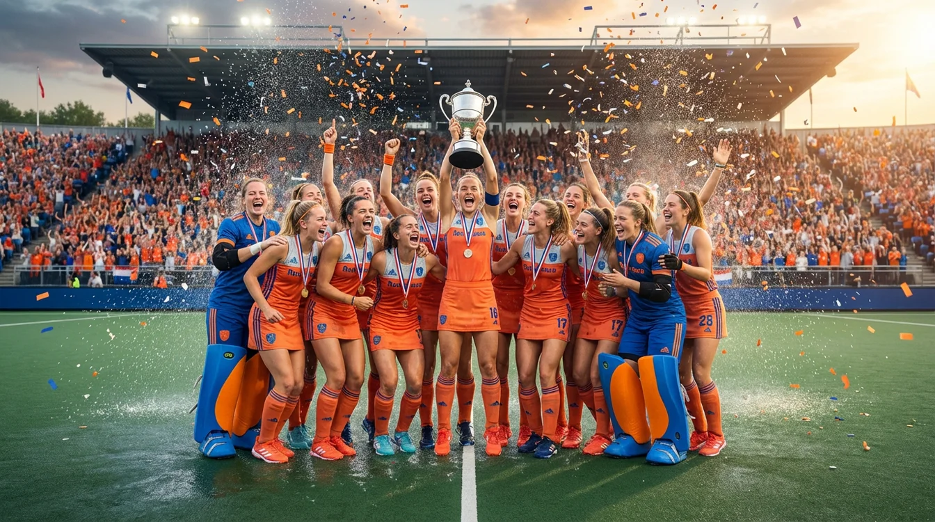 Hockeyteam viert het winnen van een toernooi met de trofee