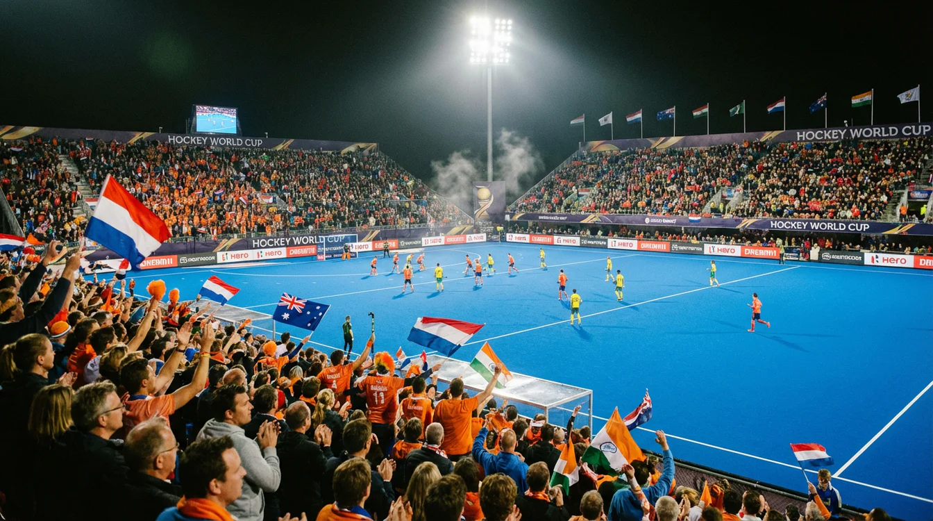 Hockeystadion tijdens een WK wedstrijd met volle tribunes