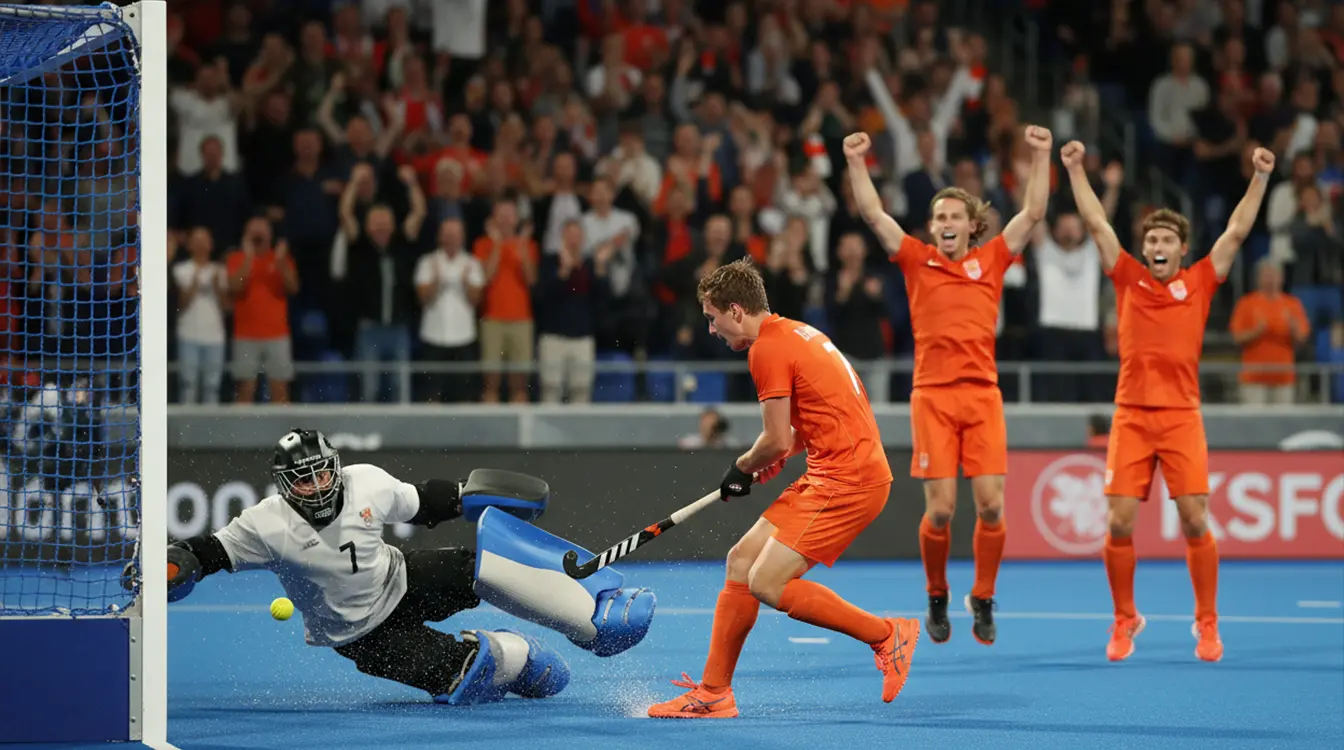 Hockeyspeler scoort een doelpunt tijdens een hoog scorende wedstrijd