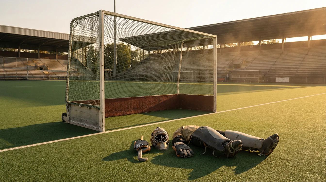 Hockeydoel en keepersuitrusting op kunstgrasveld