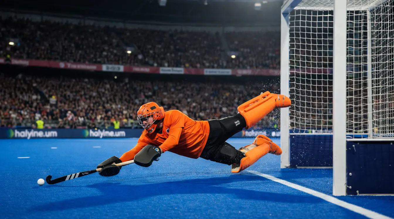 Pirmin Blaak stopt een shoot-out als keeper van het Nederlands hockeyelftal
