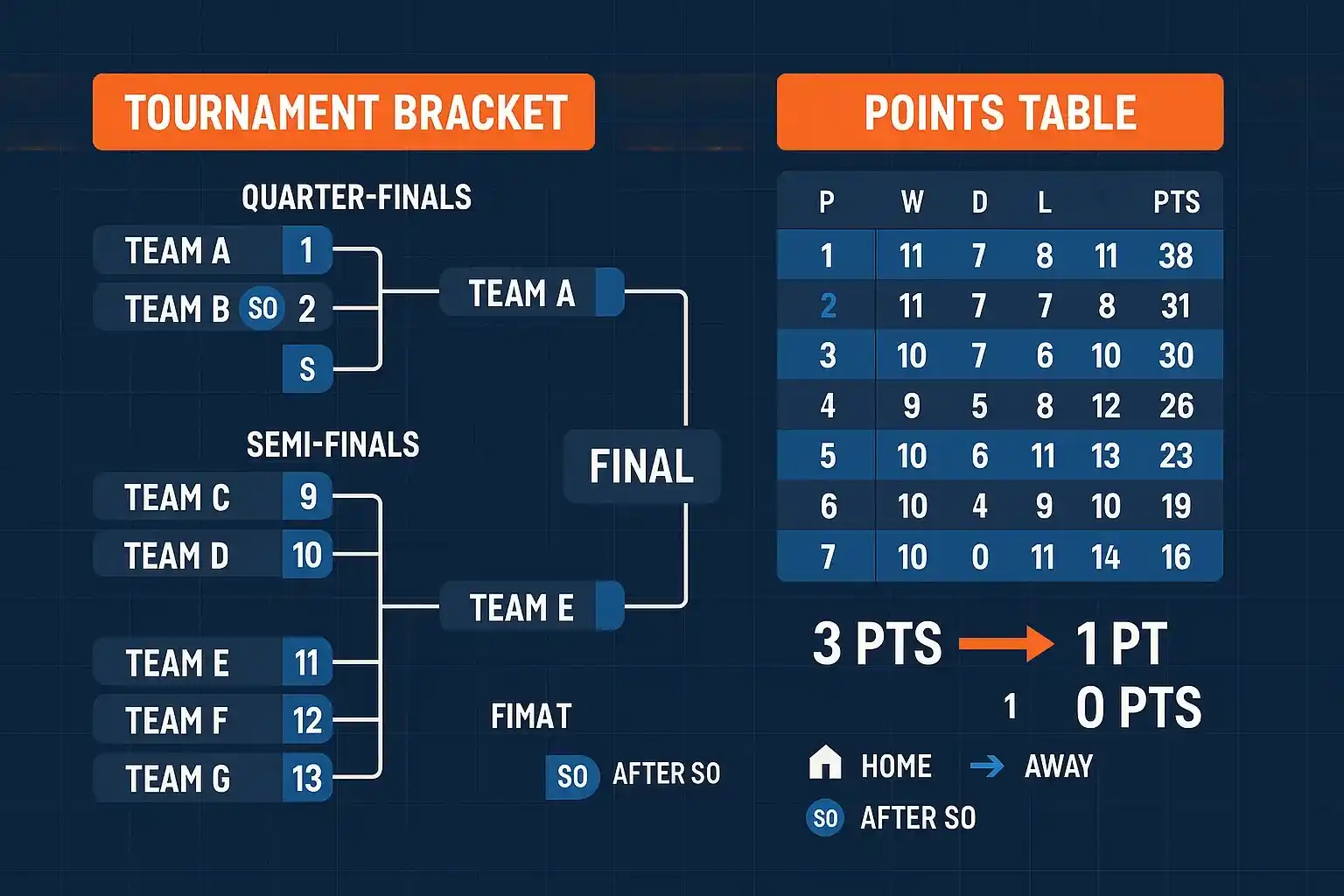 Visualisatie van het Pro League format met puntensysteem en klassement
