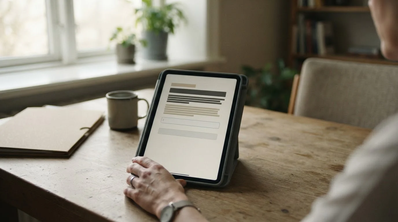 Hand die op een tablet door algemene voorwaarden scrollt