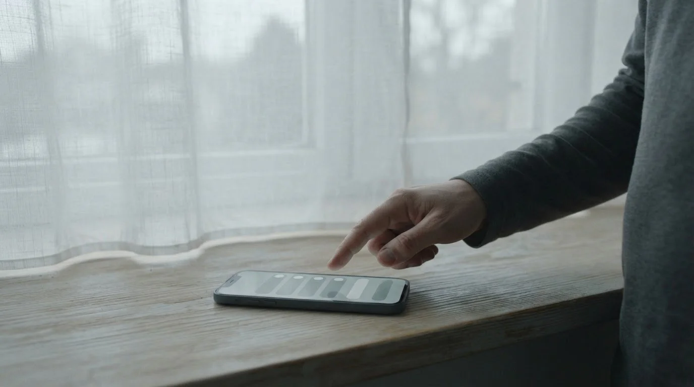 Hand tikt op een smartphone met een neutraal instellingenscherm bij een raam