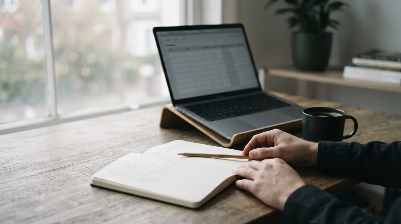 Bureau met notitieblok en laptop waarop sportweddenschappen worden geanalyseerd