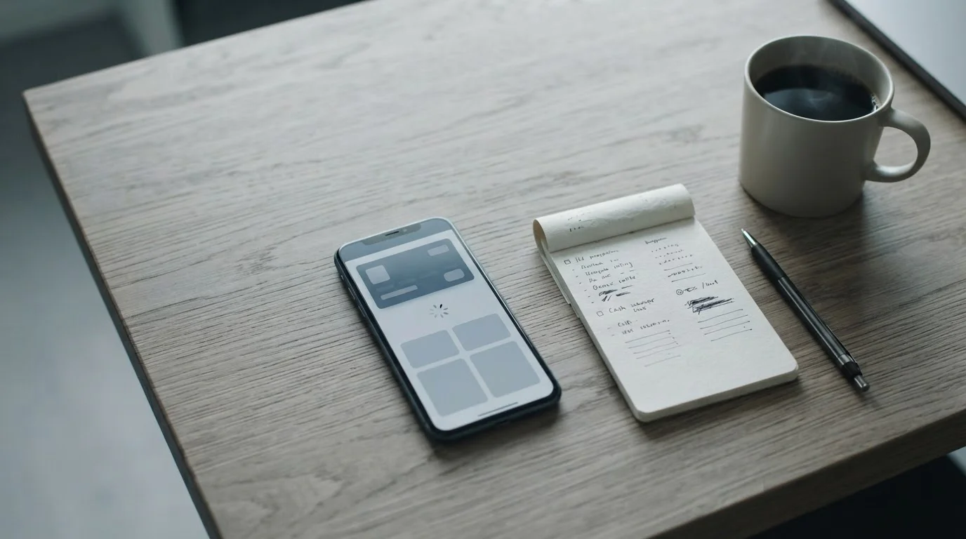 Smartphone met een neutraal betaalscherm naast een blocnote en pen op een houten bureau