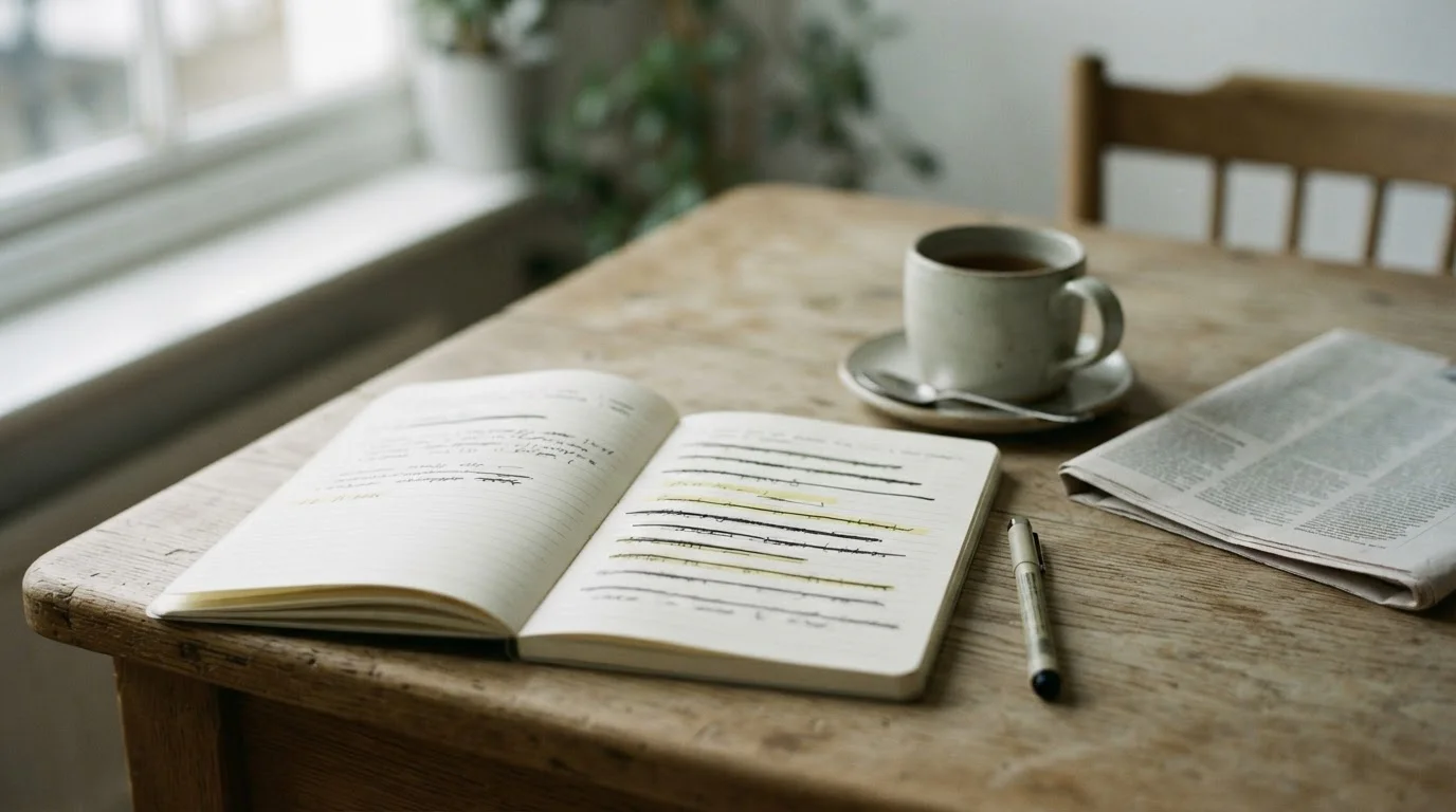Notitieblok met doorgestreepte regels en een markeerstift