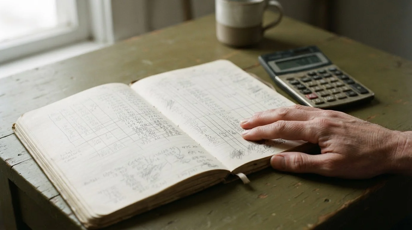 Notitieboek met handmatige berekeningen naast een rekenmachine