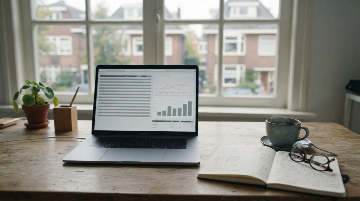 Redactionele werkplek met sportanalyse op een neutraal scherm