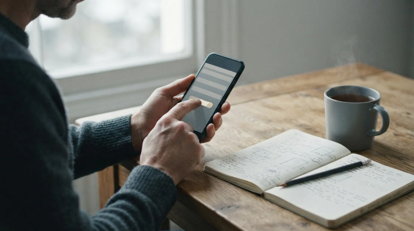 Een hand stelt op een smartphone een limiet in naast een notitieblok met potloodnotities