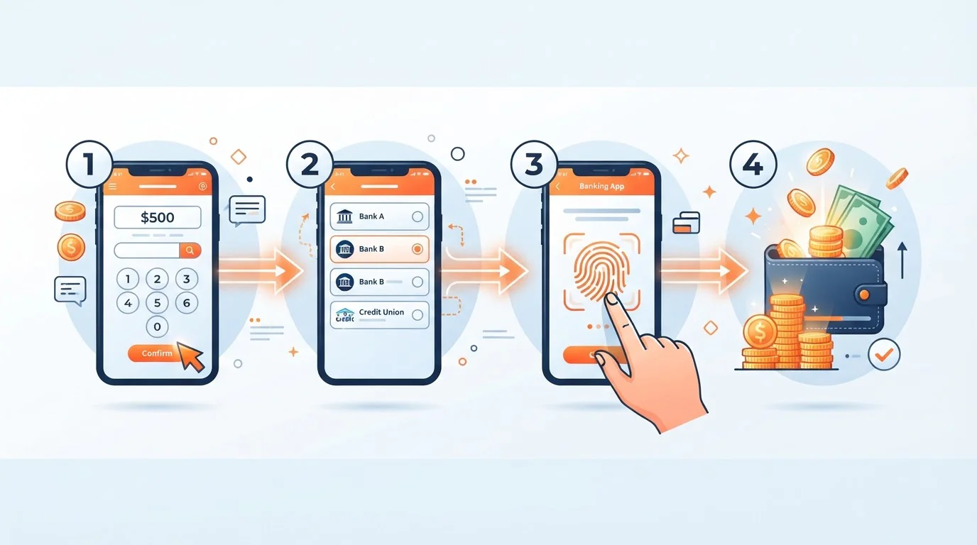 Vier stappen van een iDEAL-storting: bedrag kiezen, bank selecteren, bevestigen in de bankapp, saldo direct beschikbaar