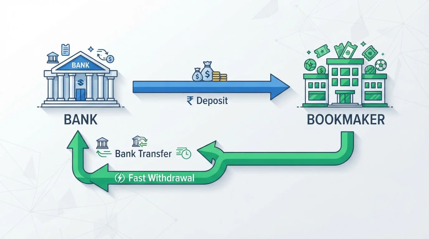 Schema dat laat zien dat iDEAL alleen naar de bookmaker loopt en uitbetaling via bankoverschrijving of Trustly terugkomt
