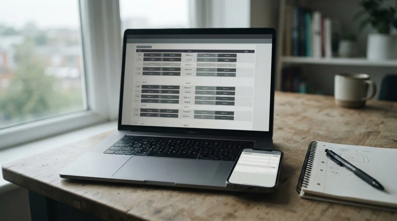 Laptop met een Eredivisie-speelschema naast een telefoon die klaarstaat voor een weddenschap