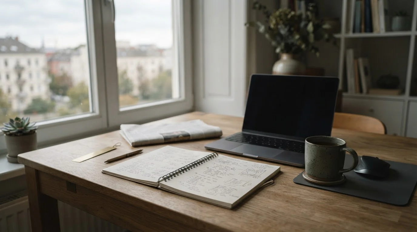 Bureau met notitieblok en laptop voor analyse van sportweddenschappen-promoties