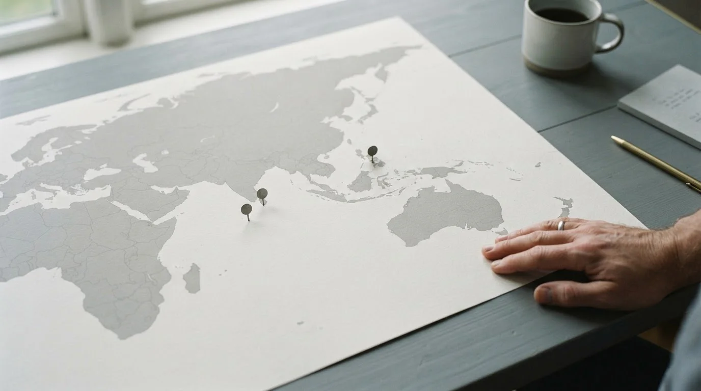 Wereldkaart met drie losse licentie-eilanden zonder verbinding naar Nederland