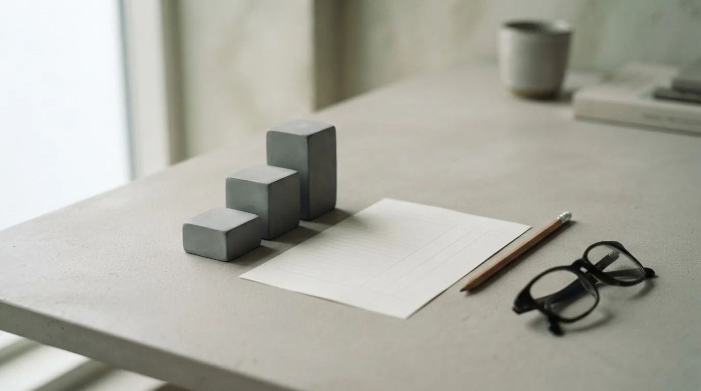 Oplopende grijze staafjes die drie opeenvolgende belastingjaren verbeelden op een neutrale werktafel
