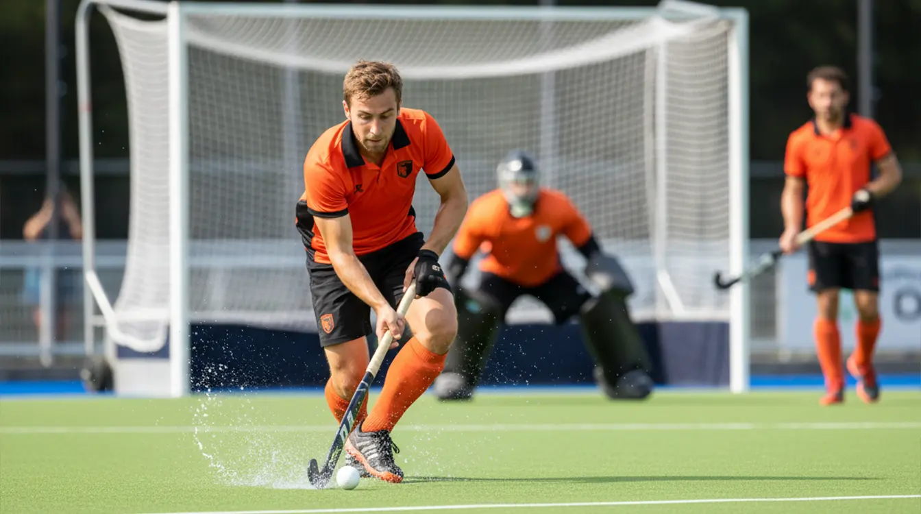 Hockeyspeler neemt een strafcorner met een krachtige sleeppush