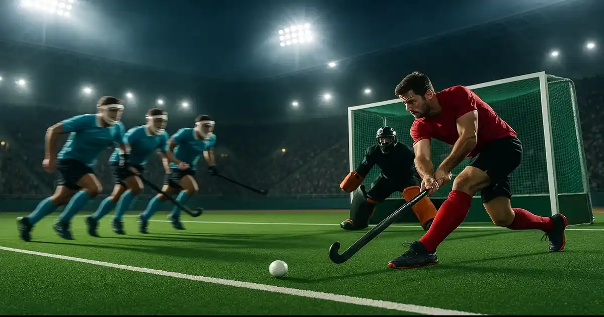 Strafcorner moment in hockey met schutter die sleeppush neemt en verdedigers die uitlopen