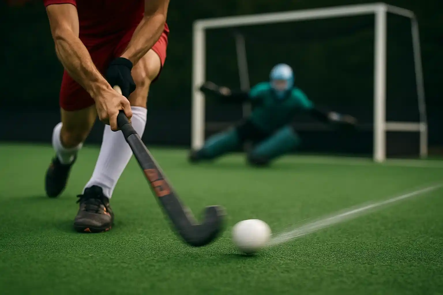 Close-up van een strafcorner uitvoering met krachtig schot en bewegende stick