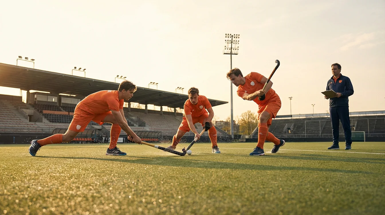Hockeyteam traint strafcorners op kunstgrasveld