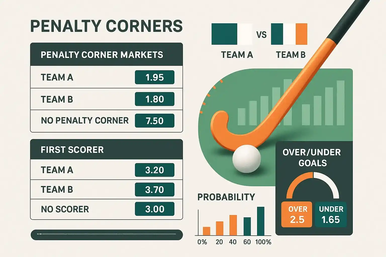 Sportweddenschappen interface voor strafcorner markten met odds en statistieken