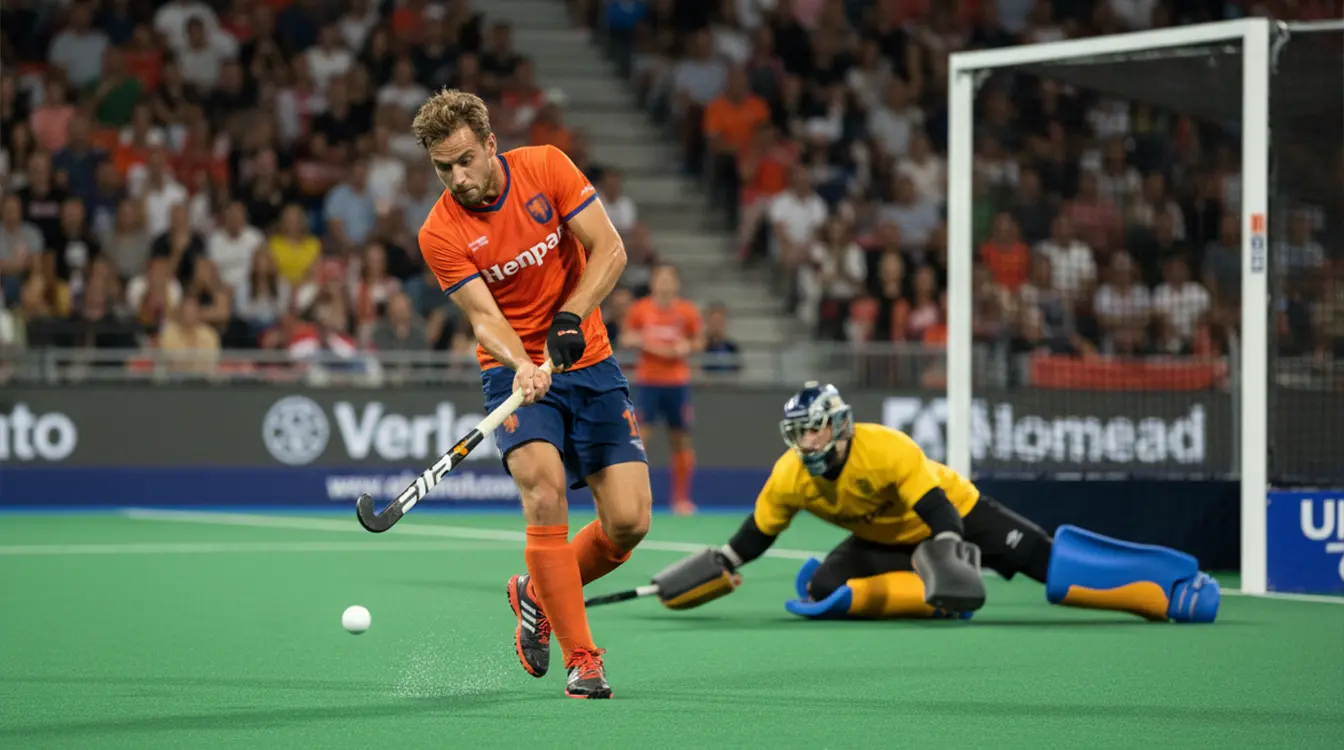 Hockeyspeler scoort een veldgoal tijdens een belangrijke wedstrijd