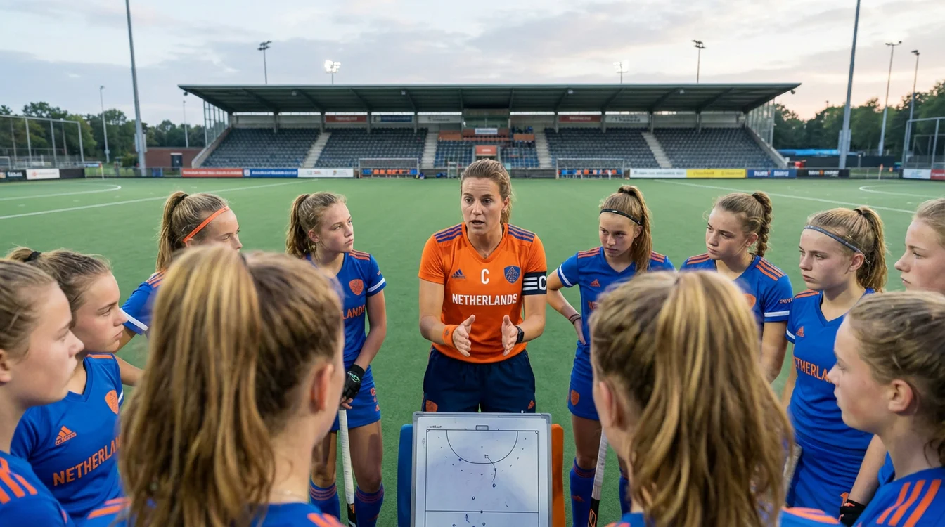 Aanvoerder van hockeyteam geeft instructies aan teamgenoten