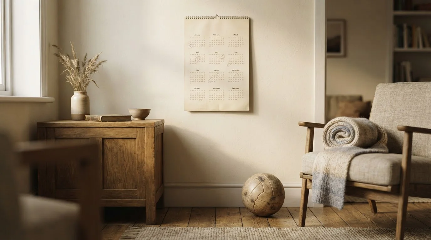 Wandkalender met gemarkeerde speeldagen naast een voetbal op een houten vloer