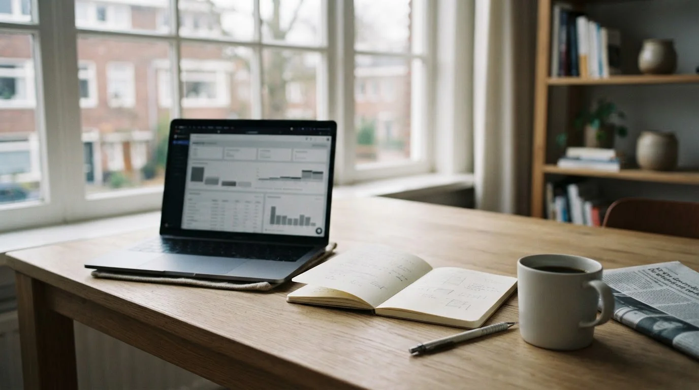 Bureau met laptop en notitieblok voor analyse van sportweddenschappen