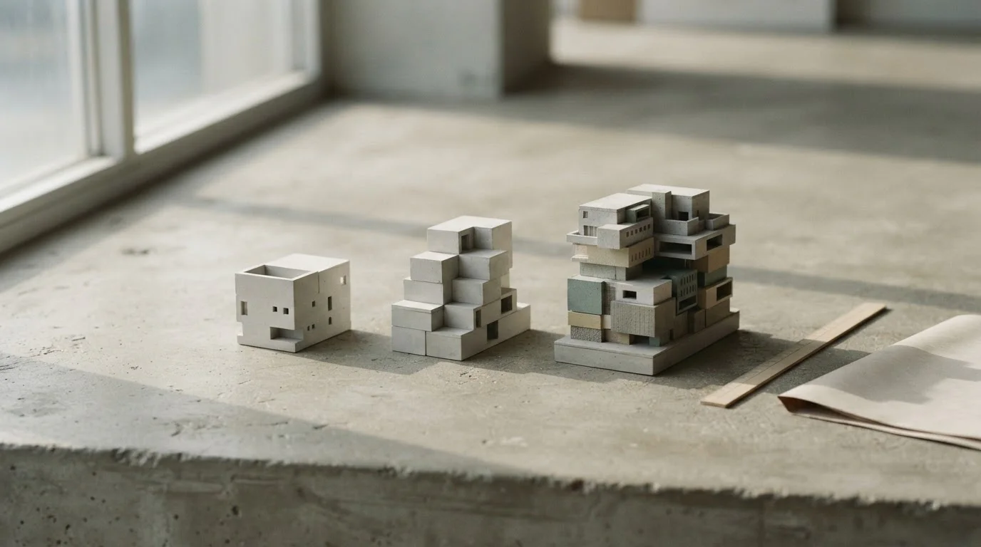 Drie modellen van bouwblokken op een tafel, van eenvoudig naar complex