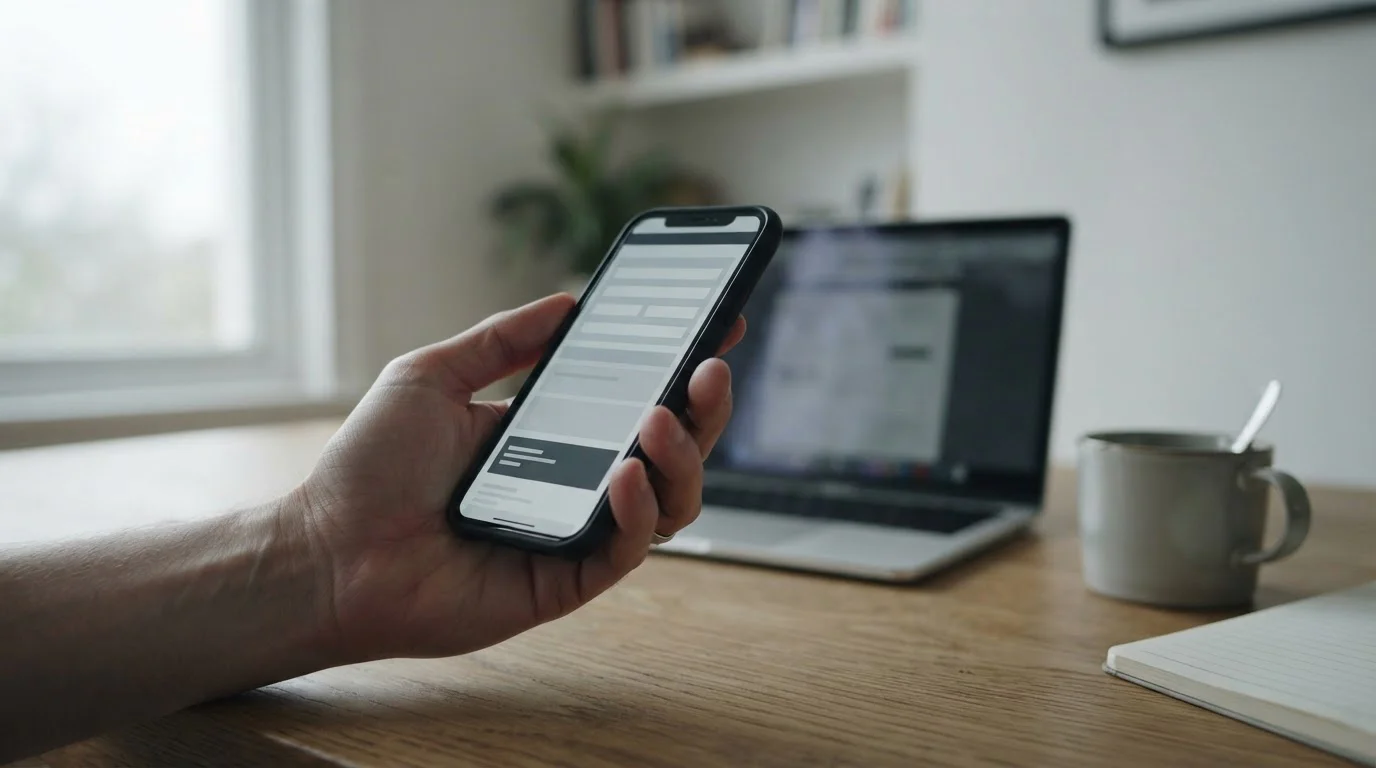 Persoon van opzij bekijkt telefoon met neutraal grijs scherm