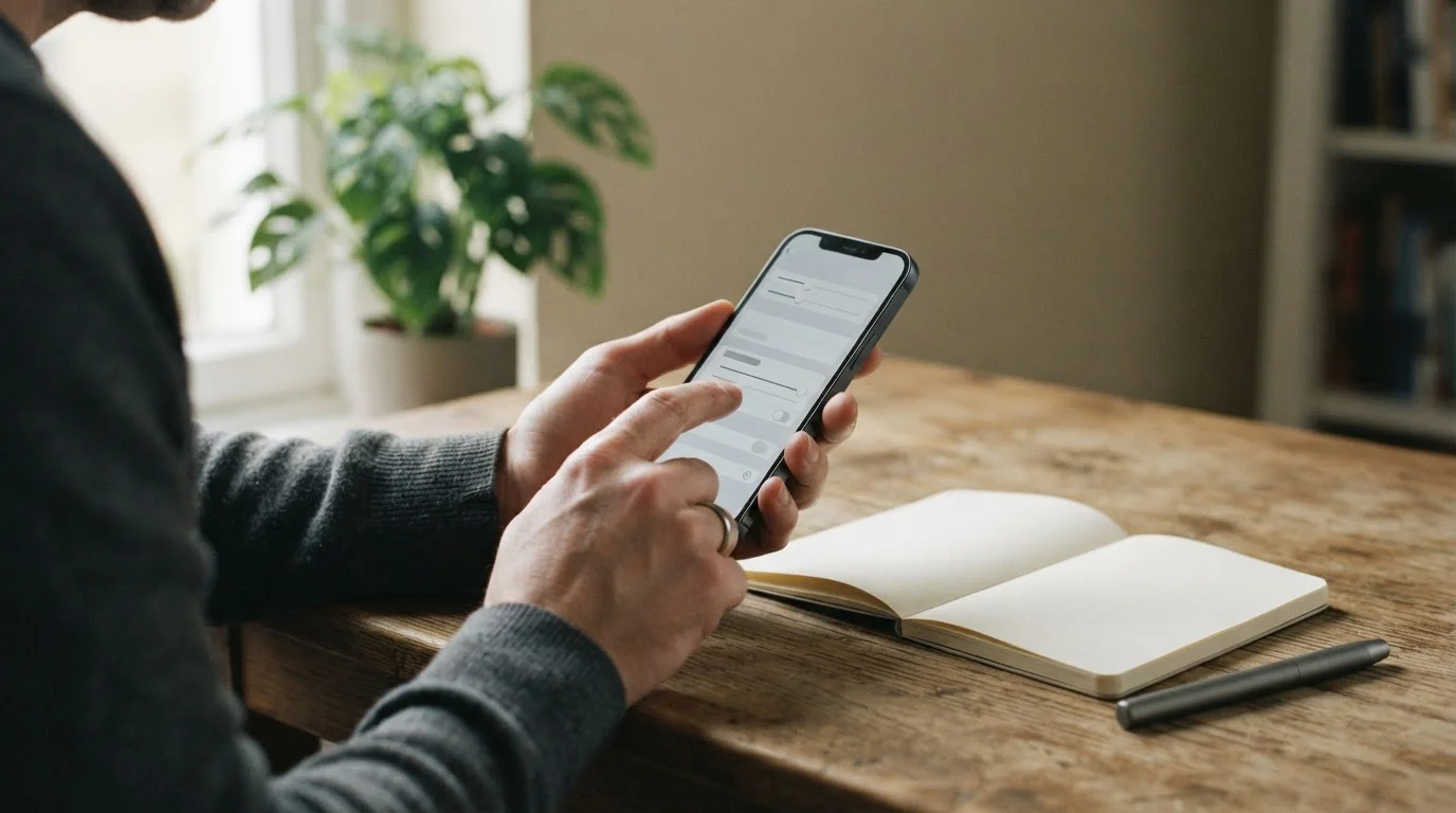 Handen die een limiet instellen op een neutrale telefooninterface bij een bureau