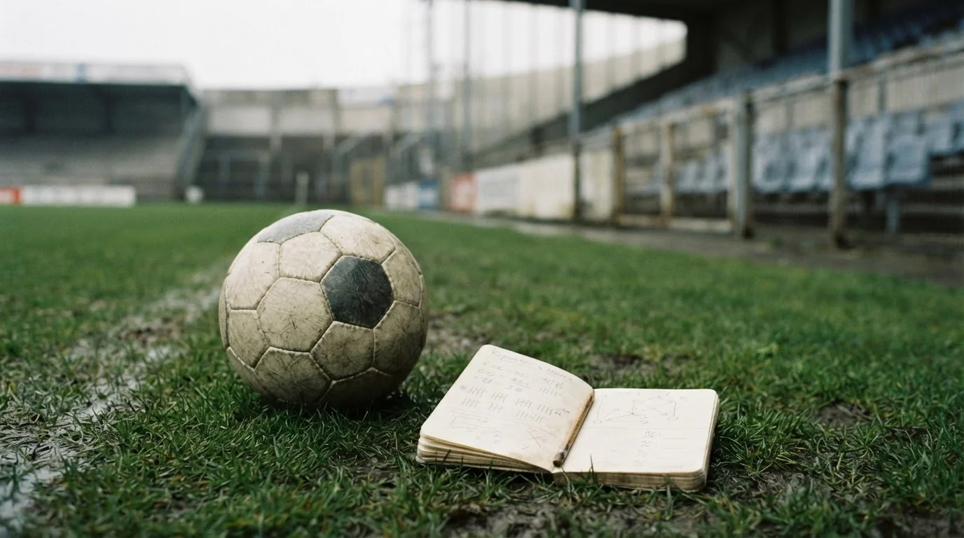 Voetbal op een natte grasmat naast een notitieblok met marge-berekeningen