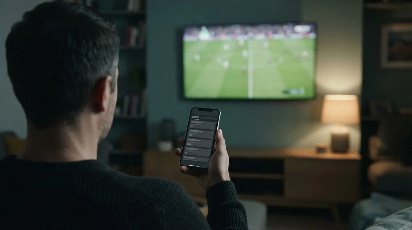 Telefoon met neutrale app naast wazige televisie met voetbalwedstrijd