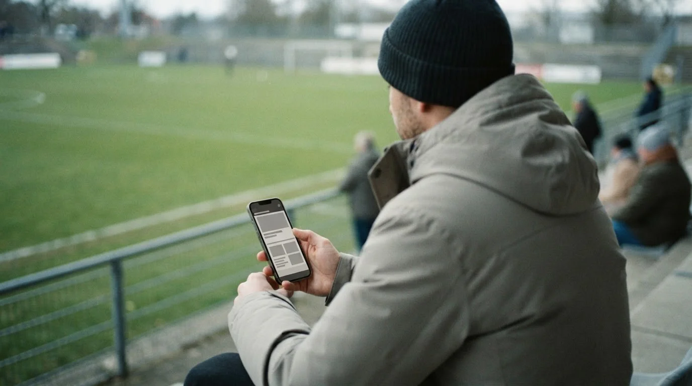Silhouet van een persoon met smartphone kijkt naar een voetbalveld op de achtergrond