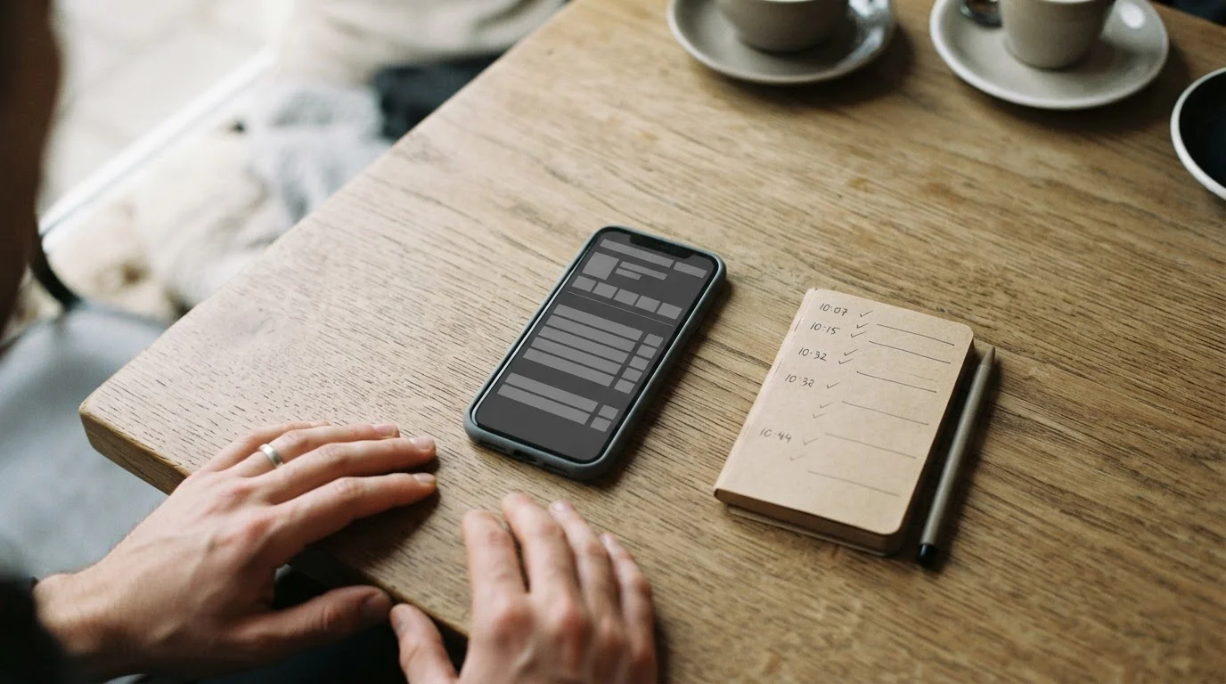 Smartphone met neutraal grijs scherm op een tafel met notities