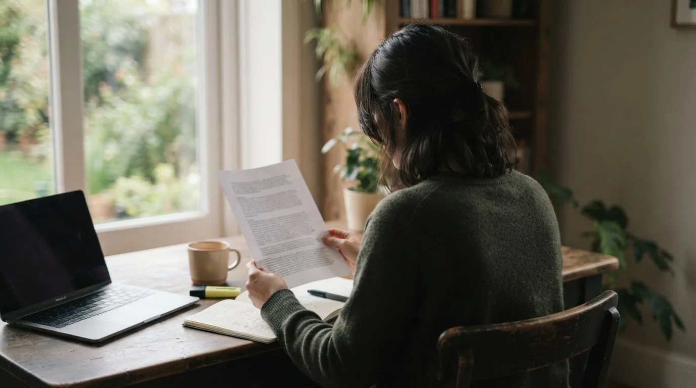 Persoon leest aandachtig gedrukte voorwaarden aan een bureau