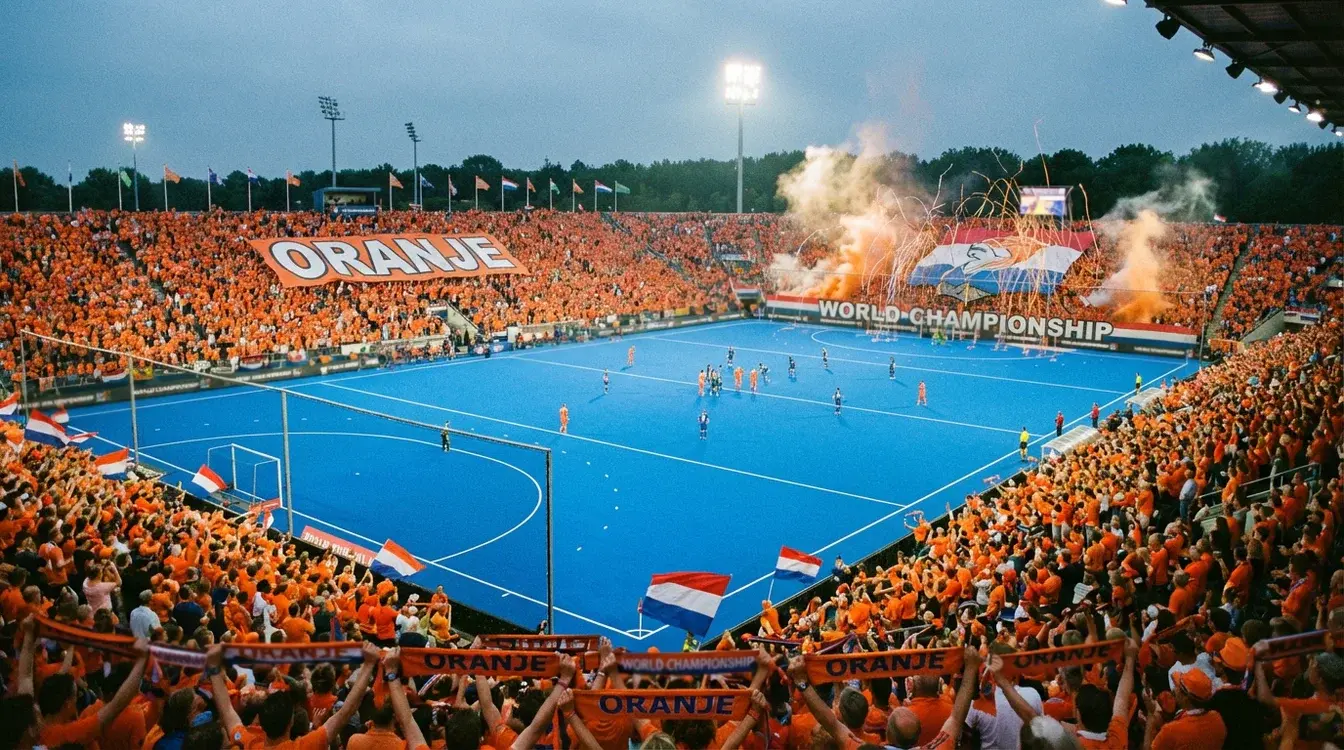Volle tribunes tijdens een WK Hockey wedstrijd met oranje supporters